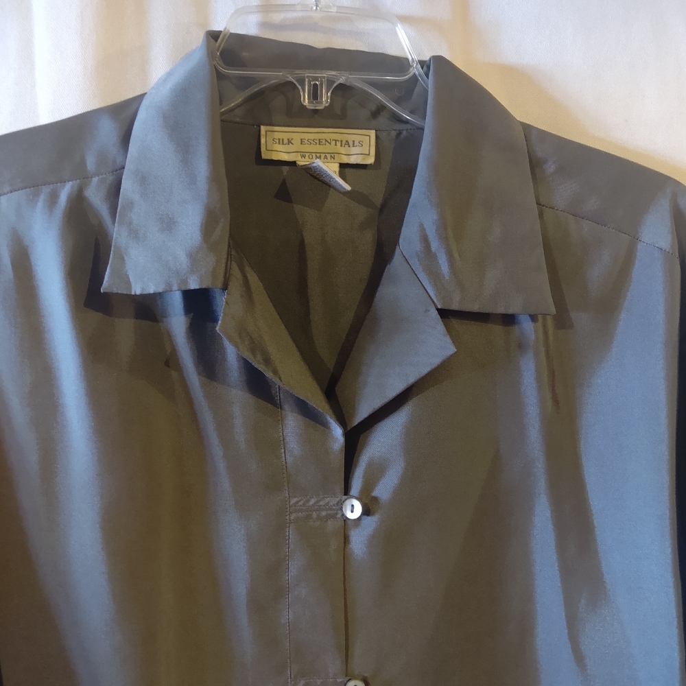 Silk Essentials Grey Silk Button Down Blouse Jack… - image 3
